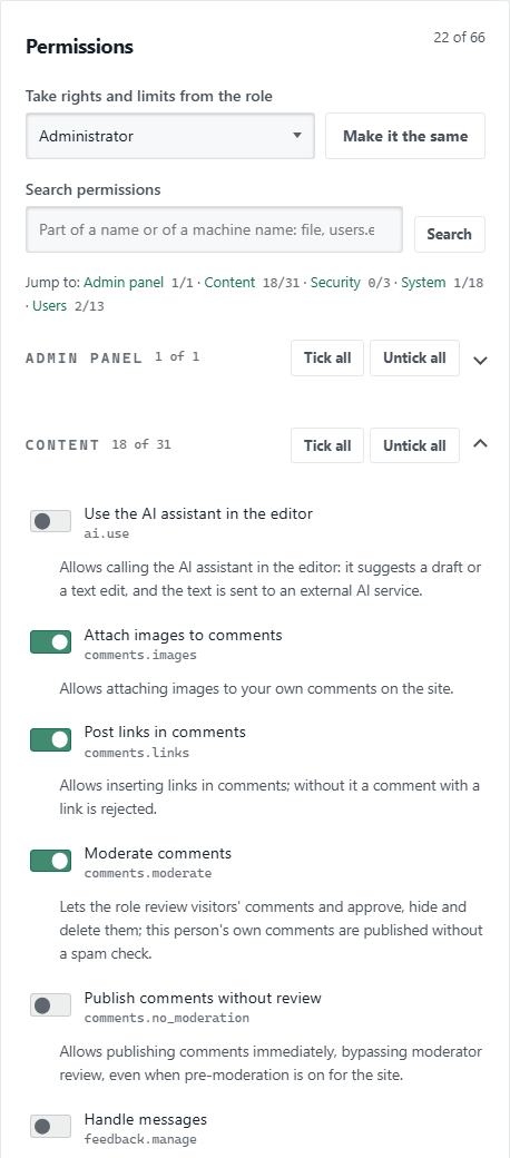 A role page: permissions by section and the search