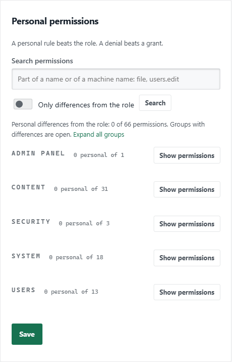 The “Personal permissions” block: permissions by section, differences from the role