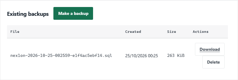 The “Database backups” page: an existing backup, download and delete