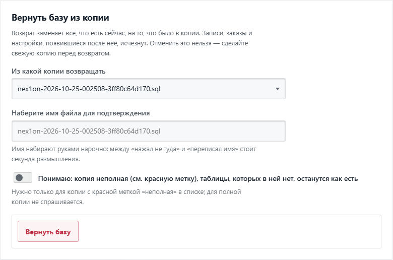 Блок «Вернуть базу из копии»: выбор копии и подтверждение именем файла