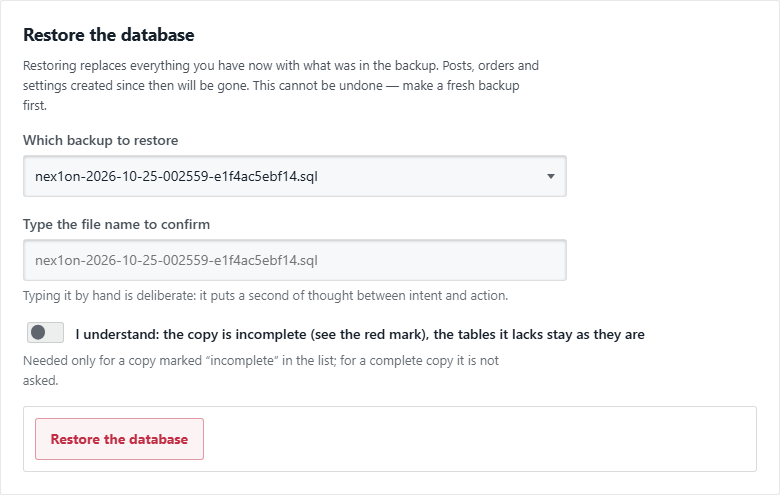 The “Restore the database” block: choosing a backup and confirming with the file name