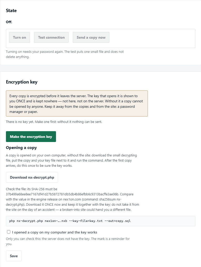 The “Off-site copies” page: status and the encryption key