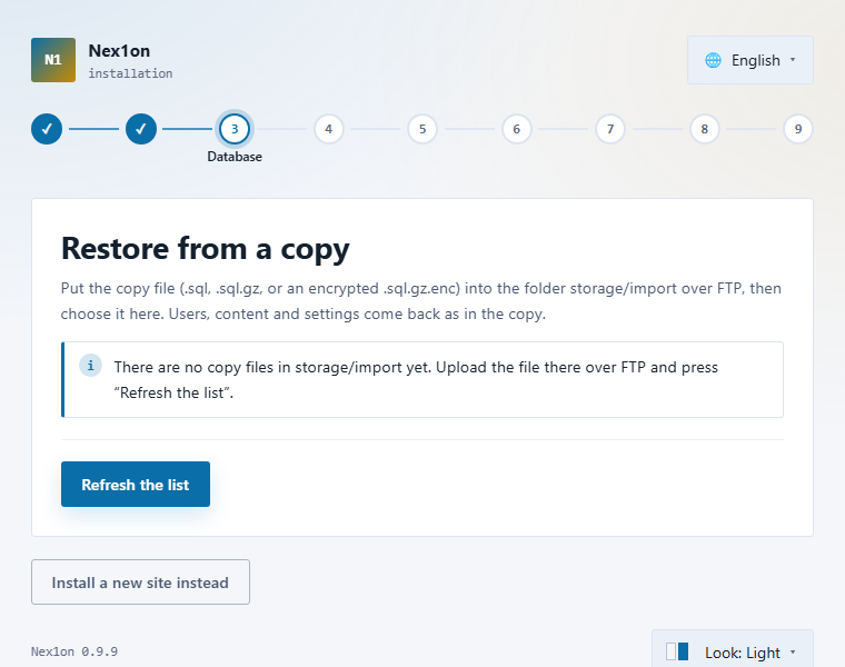 The install wizard: “Restore from a copy”