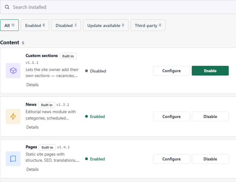 The module list: filters, groups, states and buttons