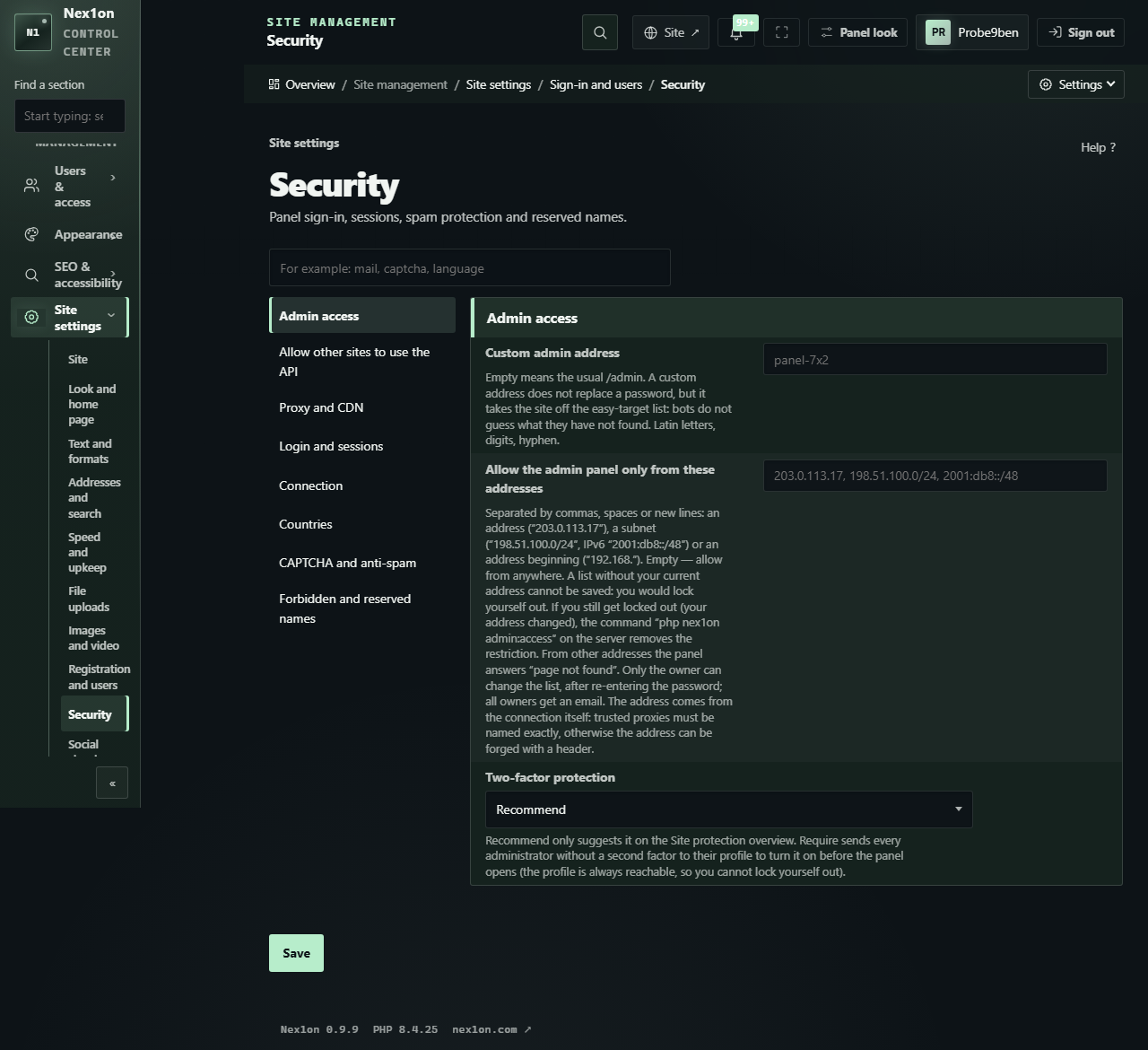 The “Security → Admin access” settings: a custom panel address, a list of addresses and two-factor protection