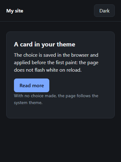 The dark theme on a phone, 390 wide: a header with a “Dark” button and a card