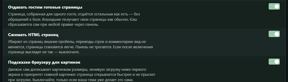 Настройки «Скорость и обслуживание»: готовые страницы, сжатие HTML и подсказки картинкам
