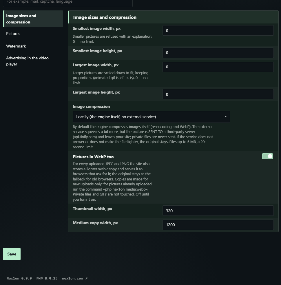 “Images and video” settings: the largest width, compression and WebP